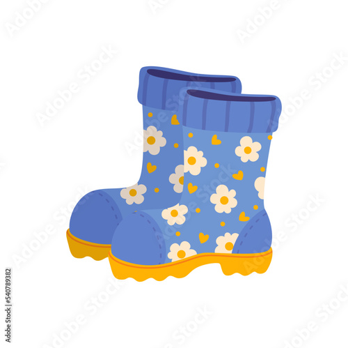 Waterproof rubber boots color icon. Vector kids wellington or rain shoes with daisy flower prints. Children footwear. Gardening, farming, agriculture boots