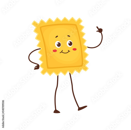 Ravioli or raviolo type of pasta with filling cartoon character. Vector enveloped pasta dough, traditional food in Italian cuisine. Ravioli cute personage
