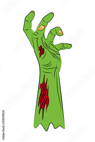 Green zombie hand with twisted fingers and torn skin, halloween vector illustration isolated on white background