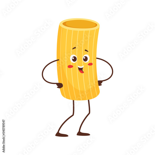 Rigatoni pasta, bucatini or perciatelli cartoon character, italian food cuisine cute personage. Vector linguine, ziti or zitoni pasta of durum wheat flour