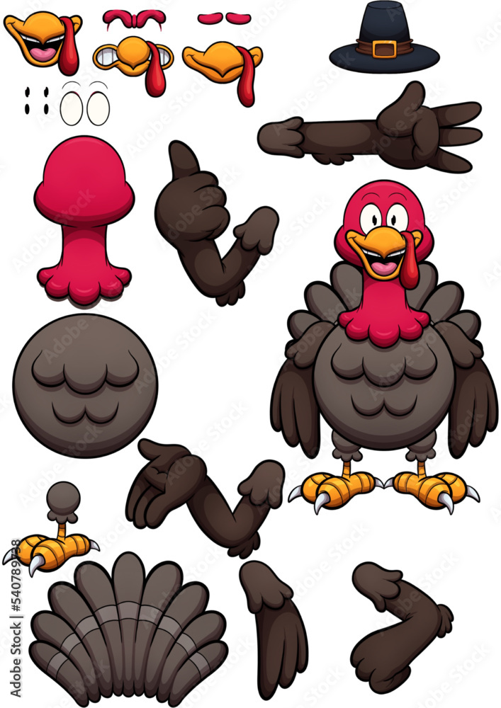 Turkey Character Parts With Example. Vector clip art illustration with