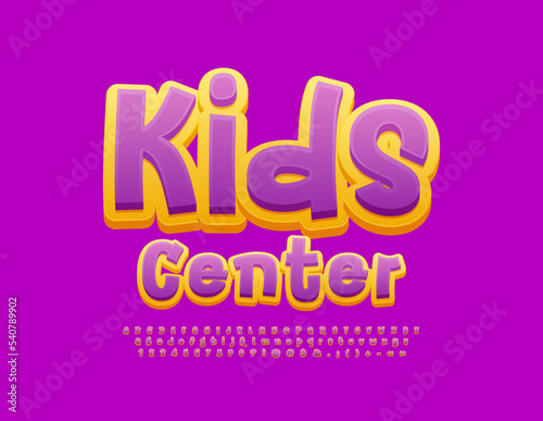 Vector artistic sign Kids Center. Funny handwritten Font. Bright Alphabet Letters and Numbers.