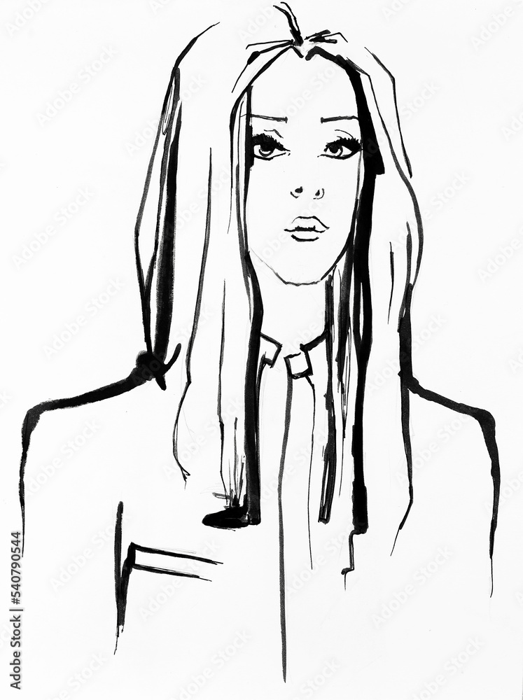 Sketch of young pretty girl drawing by hands with black ink on white paper. Sketch of young pretty girl drawing by hands with black ink on white paper.