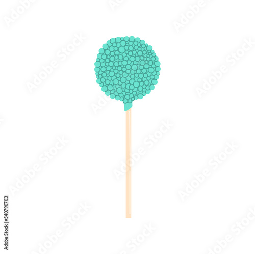 Delicious sweet cake on stick isolated cake pop with sprinkles. Vector lollipop candy, chocolate dessert food. Lolly with cream topping and swirls