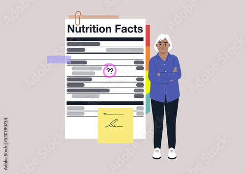 Nutrition facts label explained with notes and bookmarks, a senior character standing next to it, healthy eating and modern lifestyle
