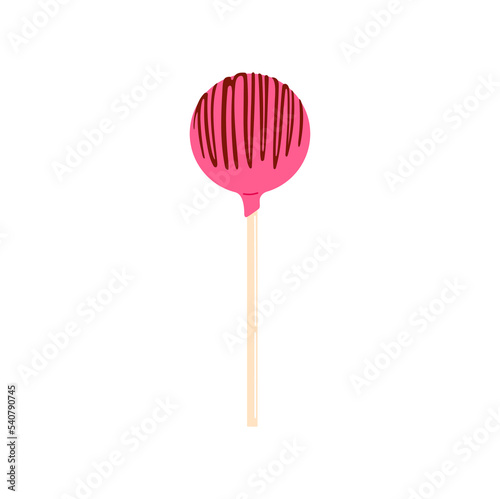 Delicious cake pop and chocolate lollipop candy on stick. Vector sweet lolly popsicle dessert with topping, birthday treat. Cakepop covered with glaze