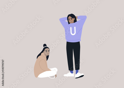 Two carefree teenagers spending time together, students having a break
