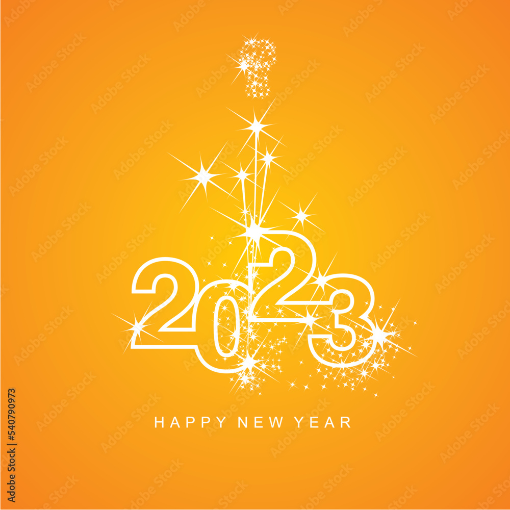 Vetor do Stock: Happy New Year 2023 greetings sparkler firework white line  design numbers white orange yellow color background