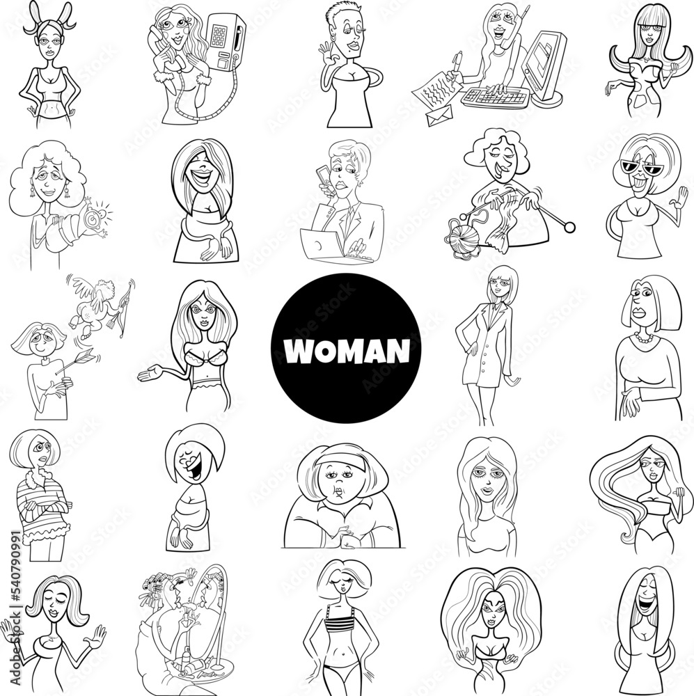 black and white cartoon women and girls characters big set