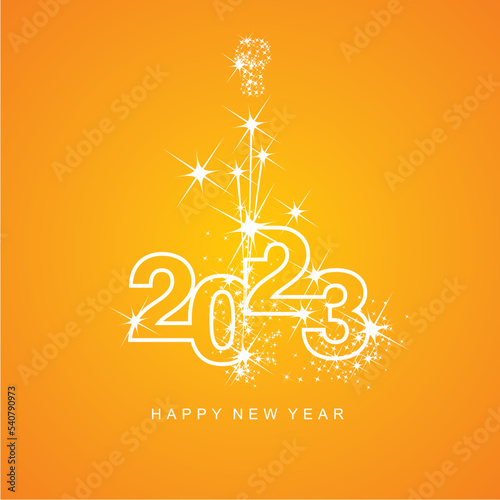 Happy New Year 2023 greetings sparkler firework white line design numbers white orange yellow color background