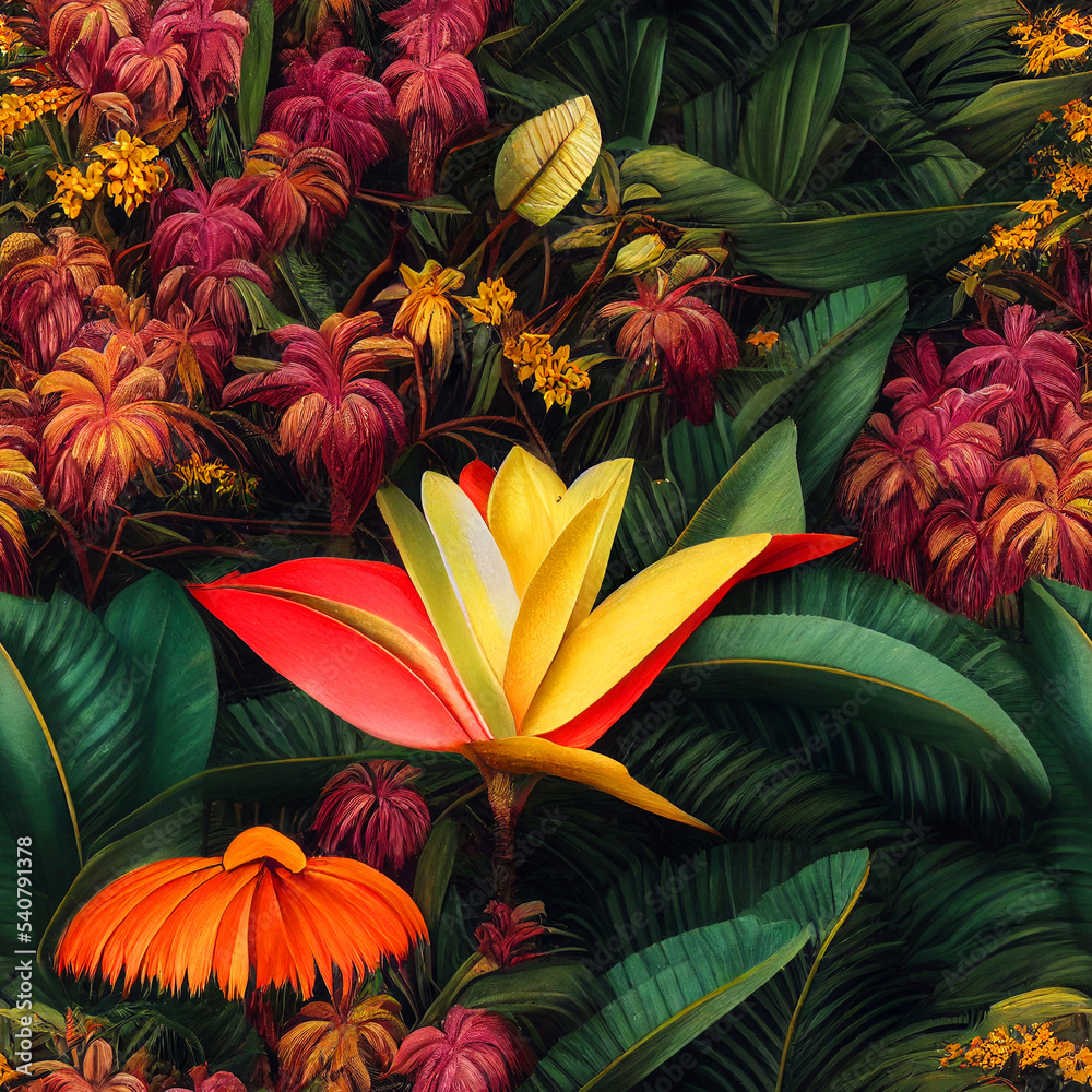Exotic jungle full of large flowers and fruits. Seamless floral background. Repeat pattern for fabrics, wallpapers, wrappers, greeting cards, wedding invitations, banners, web. 3d illustration Exotic jungle full of large flowers and fruits. Seamless floral background. Repeat pattern for fabrics, wallpapers, wrappers, greeting cards, wedding invitations, banners, web. 3d illustration
