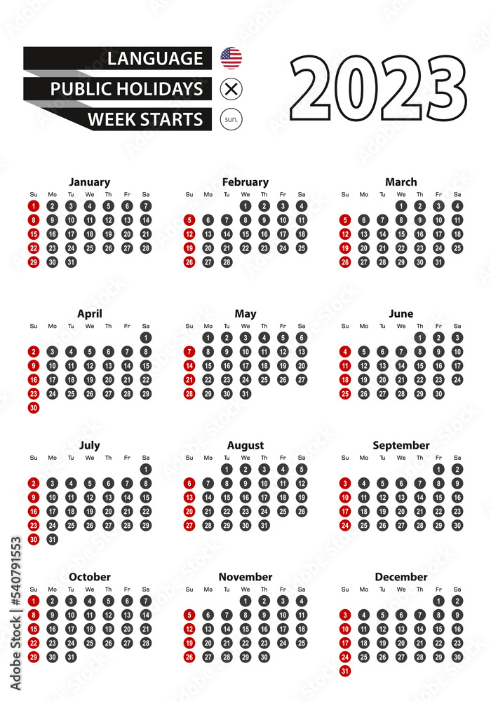 English calendar 2023 with numbers in circles, week starts on Sunday