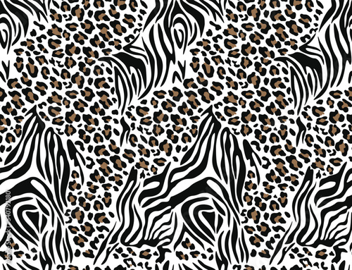 Animal pattern zebra and leopard vector seamless texture mix, modern trendy background on textile