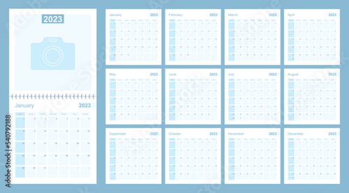 2023 wall planner in blue color, week starts on Sunday.