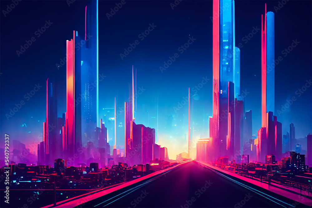 Futuristic city at night with neon lights and high-rise buildings. AI-generated cyberpunk 3D-image