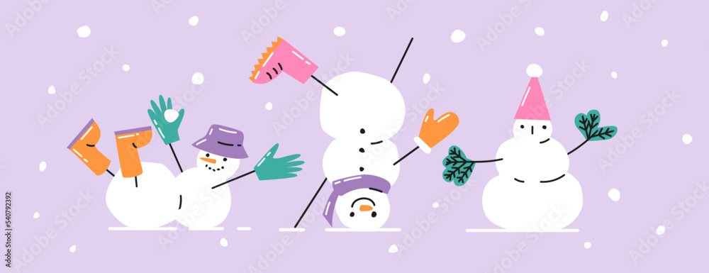 Set of weird cute snowman. Modern hand drawn Christmas illustration. Banner with funny winter characters