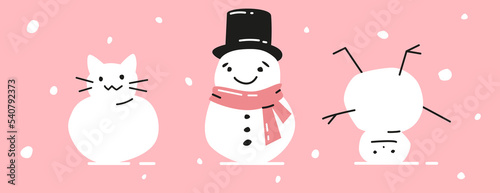 Set of weird cute snowman. Modern hand drawn Christmas illustration. Banner with funny winter characters