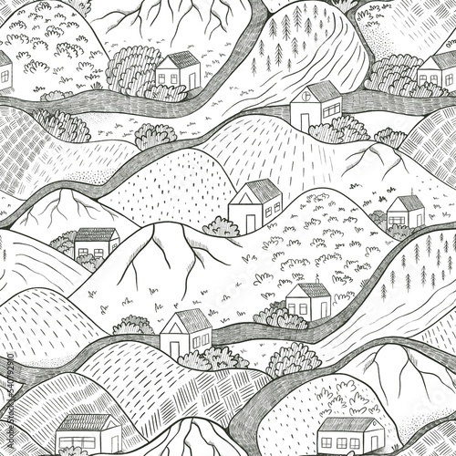 Seamless Pattern of house and Seamless Pattern of house and mountain. For colorings, printing on fabric 