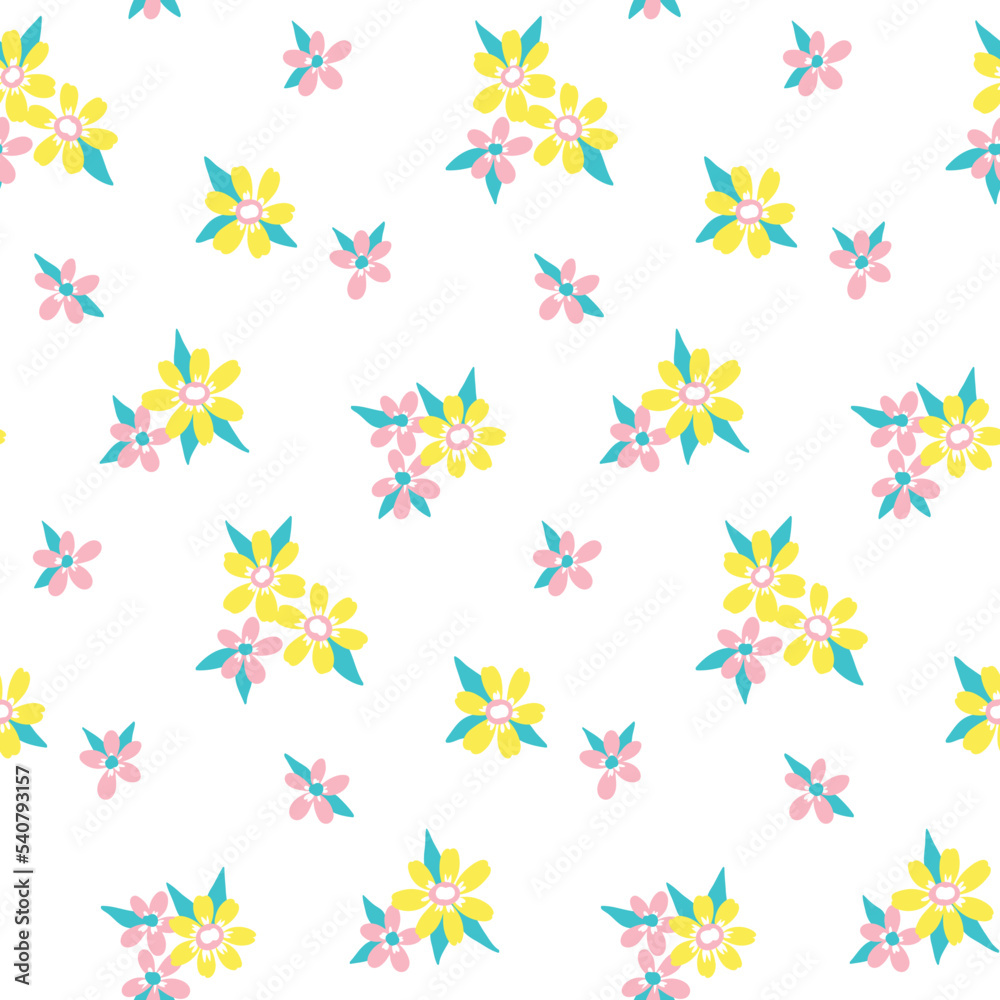 Seamless floral pattern, cute ditsy print with small yellow flowers, summer bouquets on a white background. Pretty floral surface with tiny hand drawn flowers, leaves. Liberty flower design, vector. Seamless floral pattern, cute ditsy print with small yellow flowers, summer bouquets on a white background. Pretty floral surface with tiny hand drawn flowers, leaves. Liberty flower design, vector.