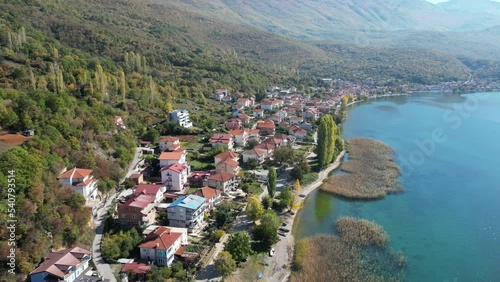Aerial view of small village on Lake Ohrid, North Macedonia