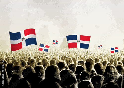 Crowd with the flags of Dominican Republic, people cheering national team of Dominican Republic. Ai generated illustration of crowd.