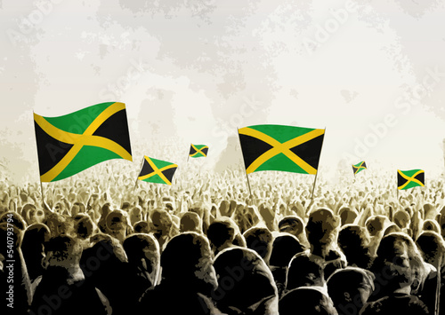 Crowd with the flags of Jamaica, people cheering national team of Jamaica. Ai generated illustration of crowd.