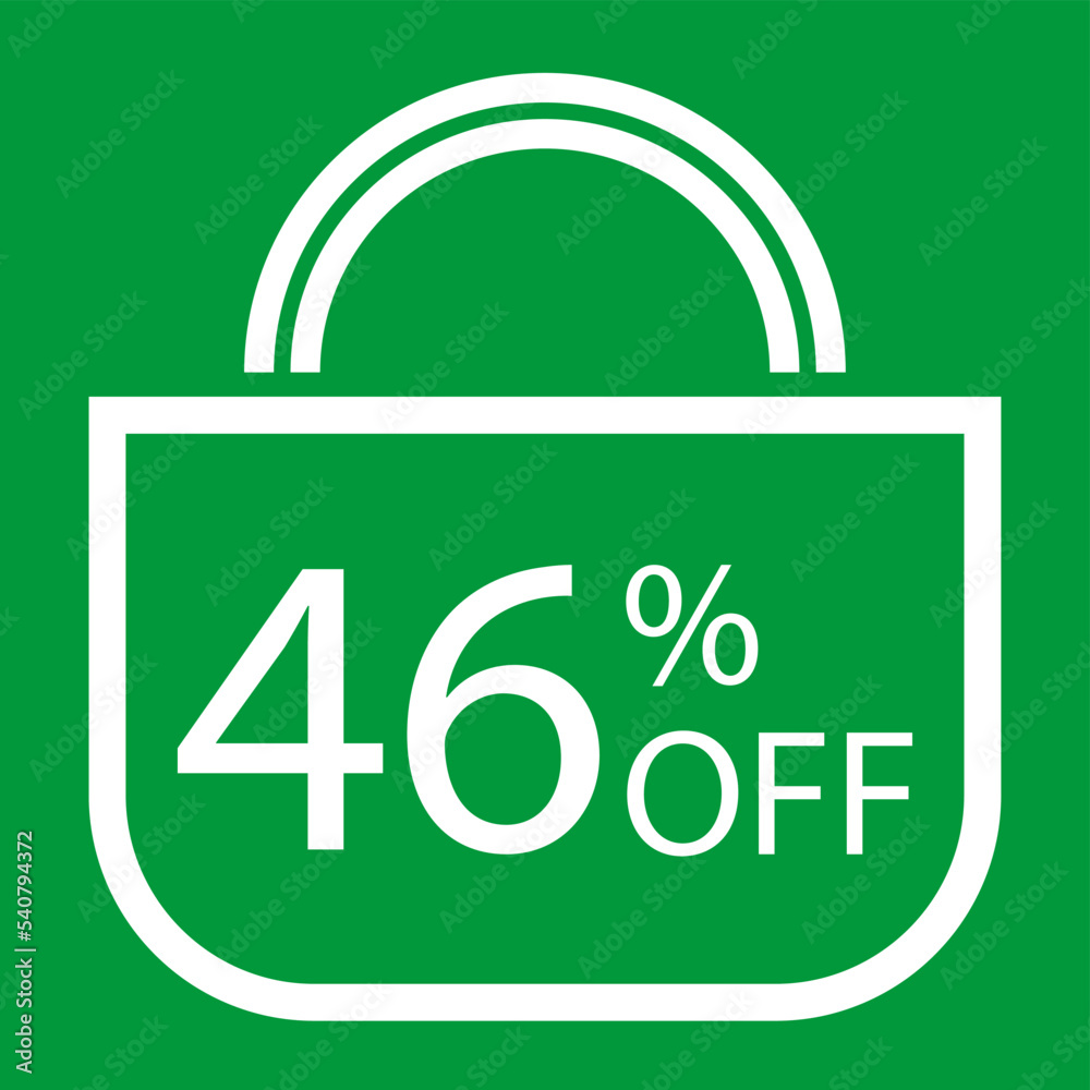 46 percent off. Green banner with shopping bag illustration. 46 percent off. Green banner with shopping bag illustration.