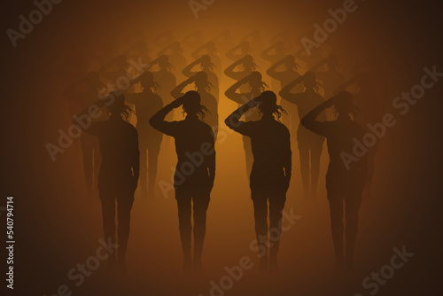 Armed forces. Female soldier salutes. Military units in dark brown fog
