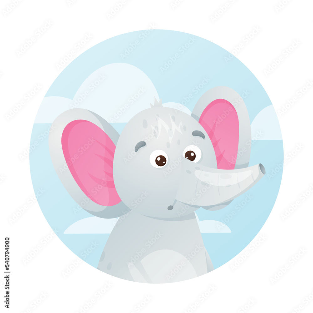 Cartoon elephant on a background of blue sky with clouds, vector isolated icon in the shape of a circle. Cartoon elephant on a background of blue sky with clouds, vector isolated icon in the shape of a circle.
