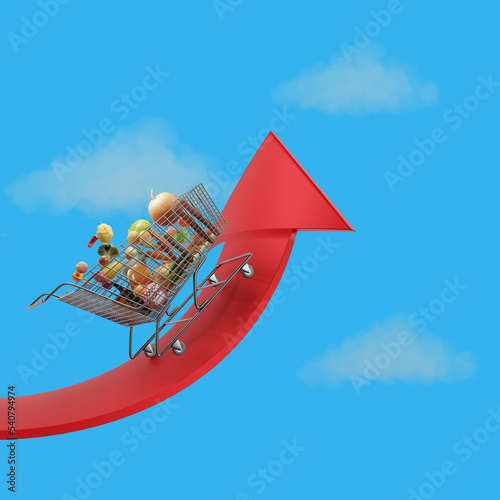 Food cost rising concept, stagflation and inflation. Shopping cart full of groceries and red arrow pointing up sky clouds illustration 3d photo