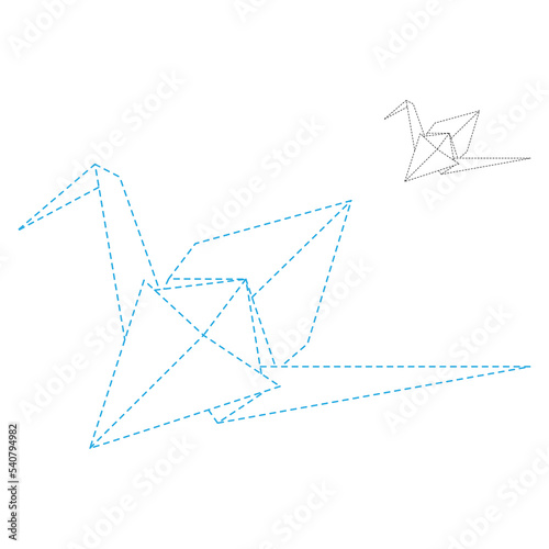 Set of origami crane vector outline dashed illustration isolated on white background. Japanese traditional origami crane for infographic, website or app. Geometric line shape for art of folded paper.