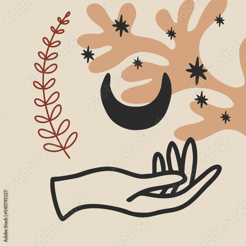 Magical line hands. Boho mystical mudra hands, celestial symbols of sun, moon and stars. Witch mystical symbol, witchcraft vector illustration icons. Magic spiritual witchcraft, mystic esoteric
