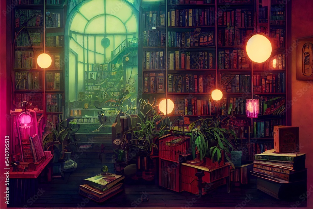 synthwave and cyberpunk historical library with plants illustration