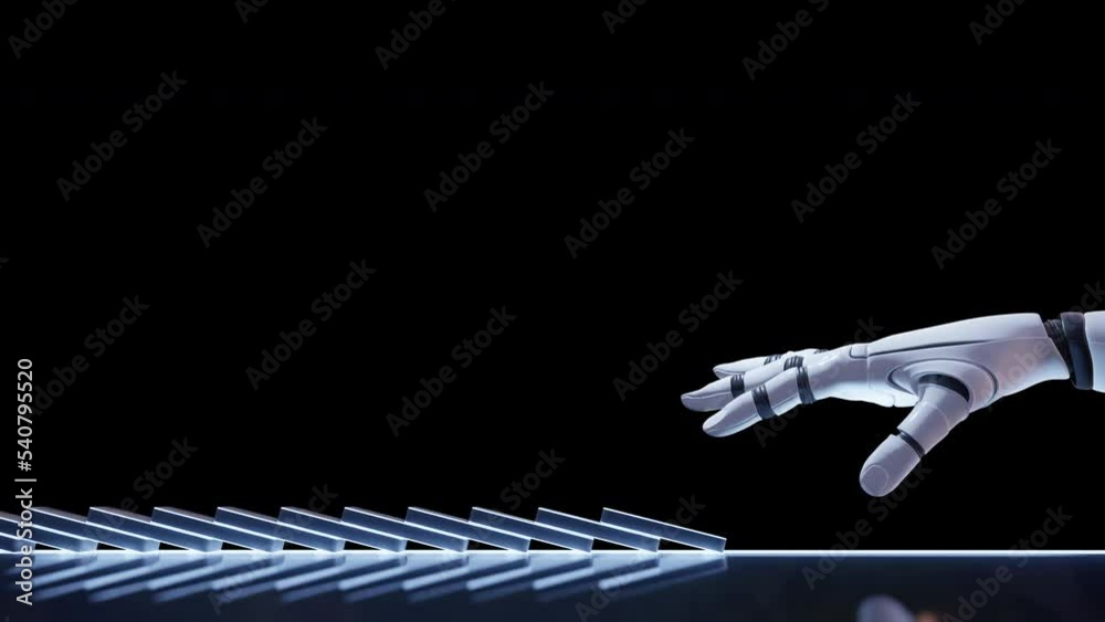 robot hand pushing block creating domino effect. A 3d animation concept depicting change and disruption in the industry using AI and robot.