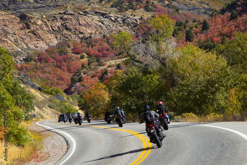 Motorcyclists in mountainous tour in Big Cottonwood Canyon, Salt Lake City, Utah