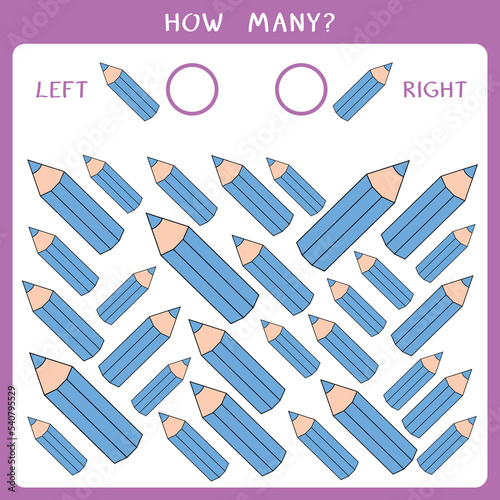 Simple educational game for kids. Count how many pencils are facing left and right and write the result. Vector worksheet