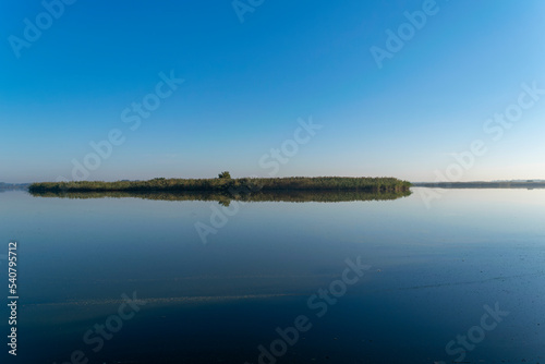 View of the river with banks overgrown with reeds and illuminated by the morning sun against a cloudless blue sky © Dmitry