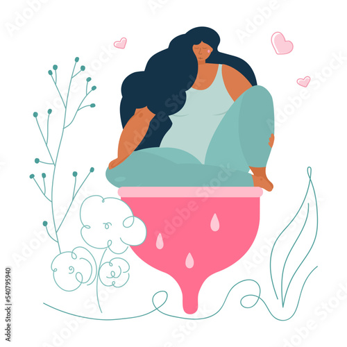 Body positive women relax, sittings on  menstrua cup after do sport exercise. She likes hygienic device  menstrua cup. The menstrual period, blood is NORMAL, PMS NORMAL