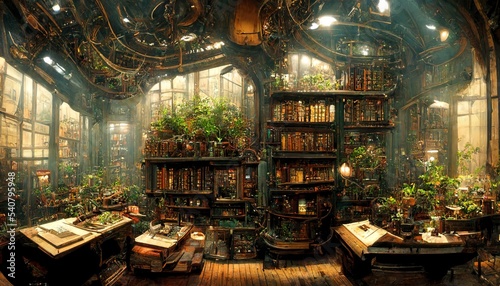Steampunk and synthwave old victorian library illustration