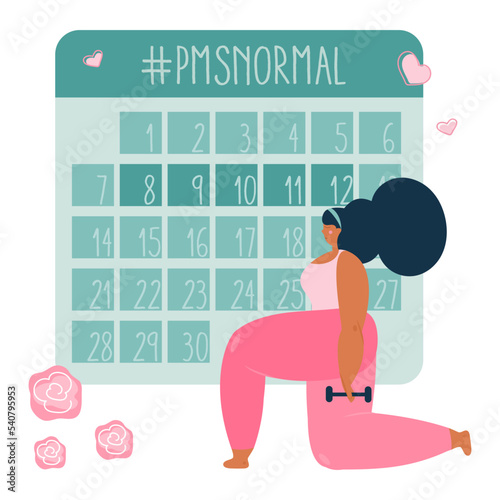 PMS calendar  with body positive women do sport exercise. The vector illustration about menstrual period with phrase PMS NORMAL. Blood is NORMAL.
