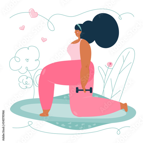 Body positive women does sport exercise on yoga carpet  - hygienic device menstrua pads. The vector illustration about menstrual period. PMS NORMAL. Blood is NORMAL.