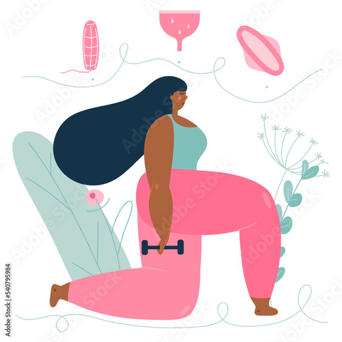 Body positive women does sport exercise and choices hygienic device menstrua pads, cup or tampon. The vector illustration about menstrual period. PMS NORMAL. Blood is NORMAL.