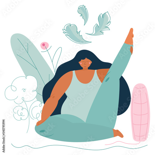 Body positive women does yoga and sport exercise. She choices hygienic device tampon. The vector illustration about menstrual period. SPORT in PMS NORMAL. Blood is NORMAL.