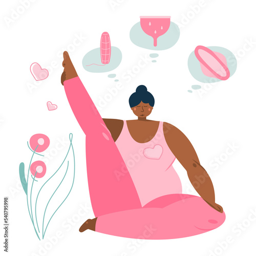 Body positive women do yoga, do sport exercise. She choices hygienic device menstrua pads, cup or tampon. The vector illustration about menstrual period. PMS NORMAL. Blood is NORMAL.