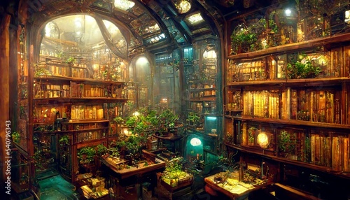 Steampunk old victorian neon library illustration