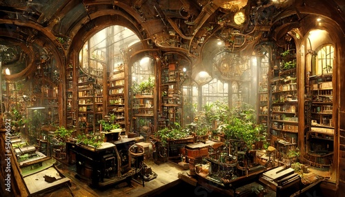 Steampunk old victorian library with plants illustration photo
