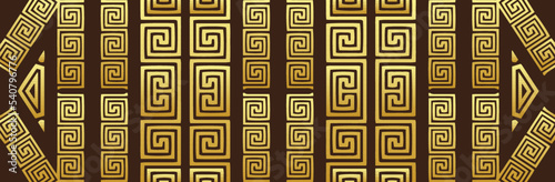 Banner, cover design. Embossed ethnic golden pattern on a brown background, geometric texture, press paper. Greek meander ornament, boho style for website, presentation.