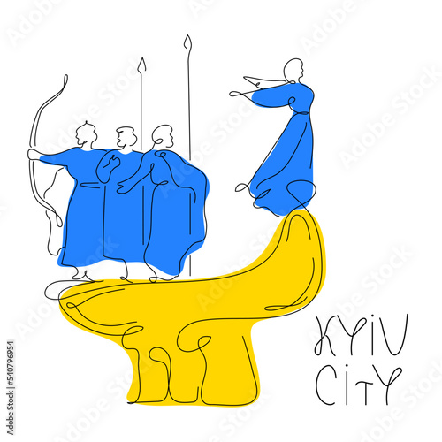 Vector illustration Ukrainian lettering  - KYIV CITY with founders Kyi, Shchek, Khoryv, Libid. Love capital Ukraine picture in one line art style for postcard and other merch about Support Ukraine.
