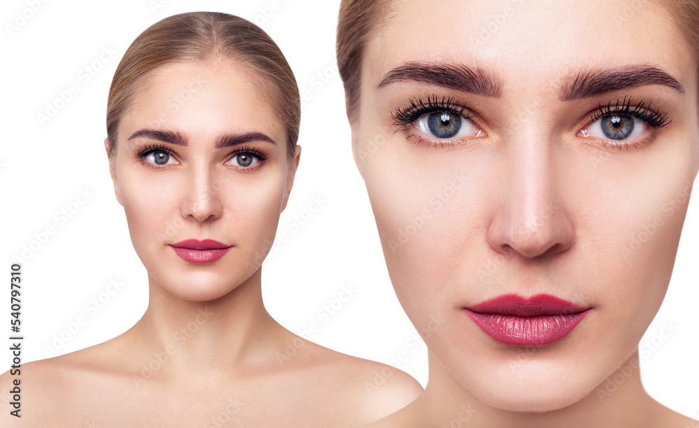 Collage of young woman face in front view. Collage of young woman face in front view.