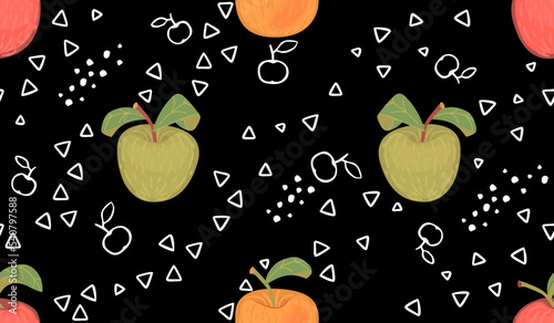 Hand drawn colorful apples and white color doodle elements arranged irregularly on black.Fruit background and texture for printing on fabric and paper.Vector cartoon flat style seamless  pattern.